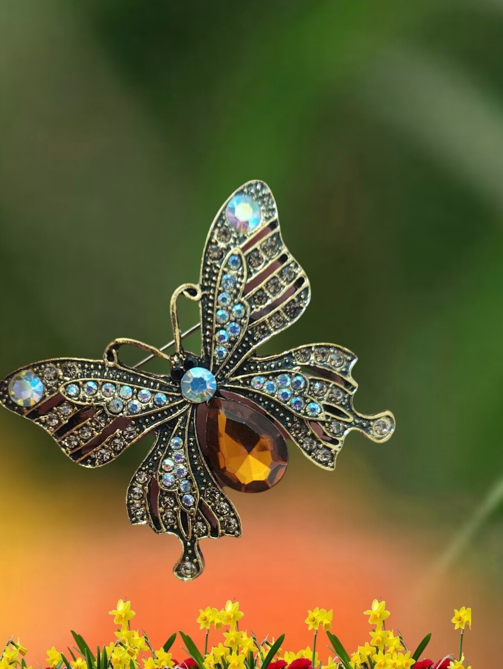 Champagne and Aurora Borealis Rhinestone Butterfly Brooch